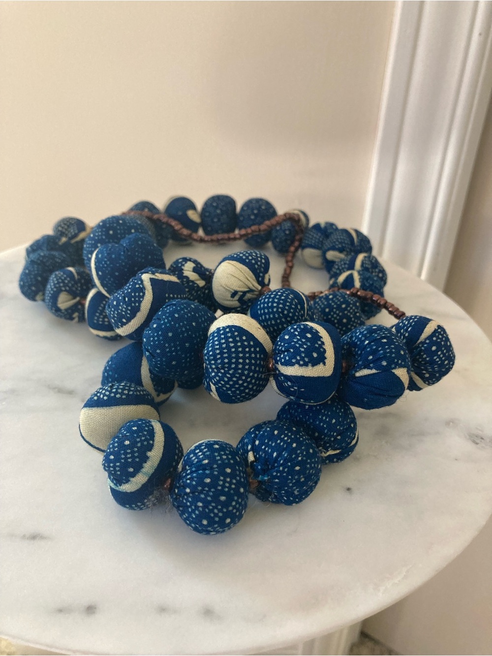 Indigo / White Fabric Beaded Long Necklace